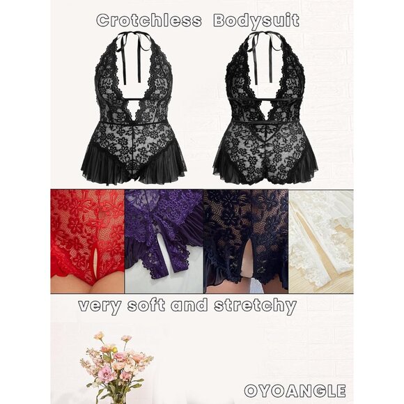 Beautiful Plus Size Lingerie: Cut Out Tie Back Halter Lace Teddy for Valentine’s - Picture 3 of 6